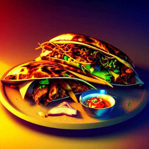 Prompt: ultradetailed still - life shawarma on plate insanely detailed, octane render, cgsociety cyberpunk, neon, vaporwave sci - fi, futuristic, amazing space creature 4 k, 8 k, hyper realism scary, alluring, coveted alive