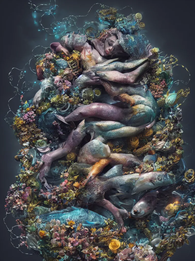Image similar to a sculpture of fish ocean intertwined, darkness, led lighting, a lovely cornucopia of flowers and human body parts, body parts, highly detailed, octane render, cinematic, shock, sharp focus, ball, an independent psycho, clean, studio lighting