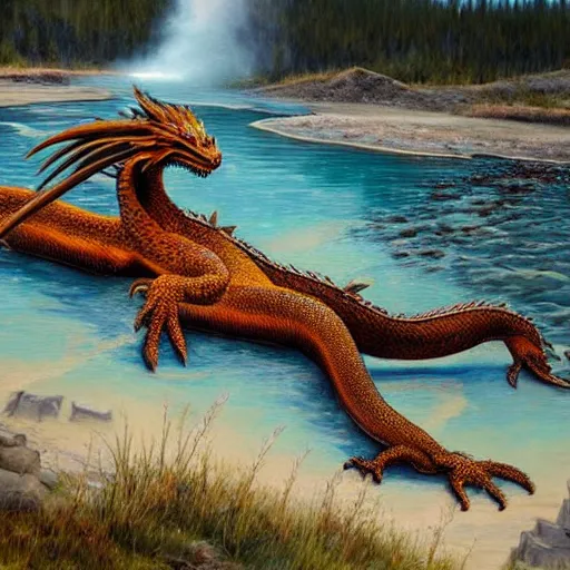 Image similar to dragon sitting in a hotspring at yellowstone national park, highly detailed oil painting, featured on artstation