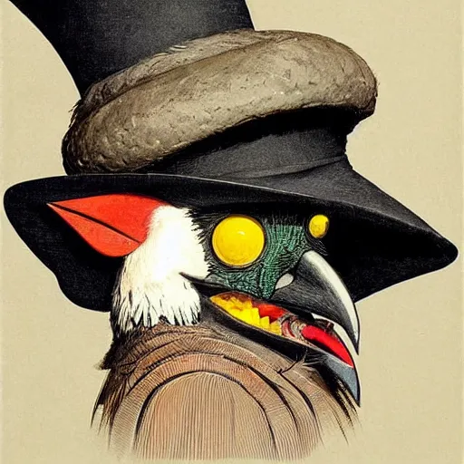 Image similar to ( ( ( head and shoulders portrait of a kenku crow person wearing a porkpie hat ) ) ), d & d, fantasy, dave mckean, peter mohrbacher