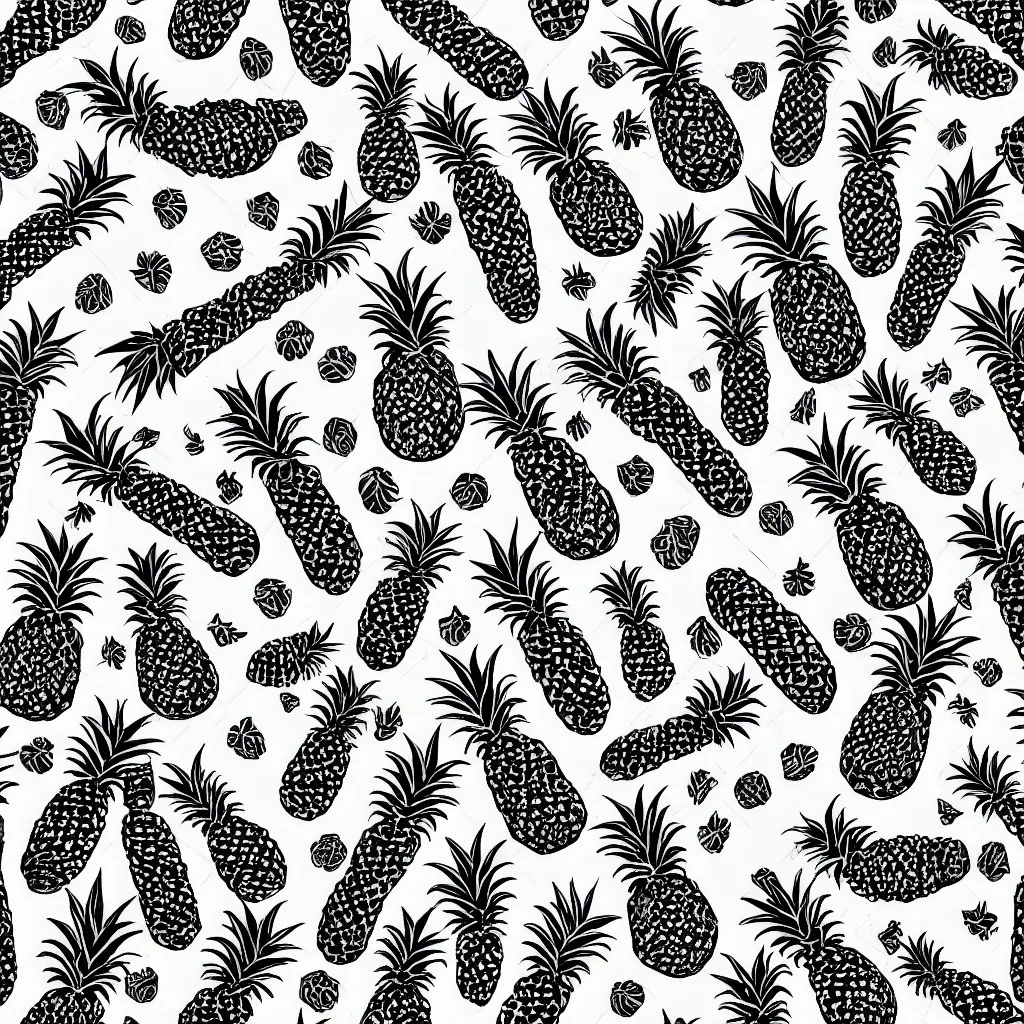 Image similar to seamless pattern parots and pineapples. black and white, drawing, white background, seamless, ornament.