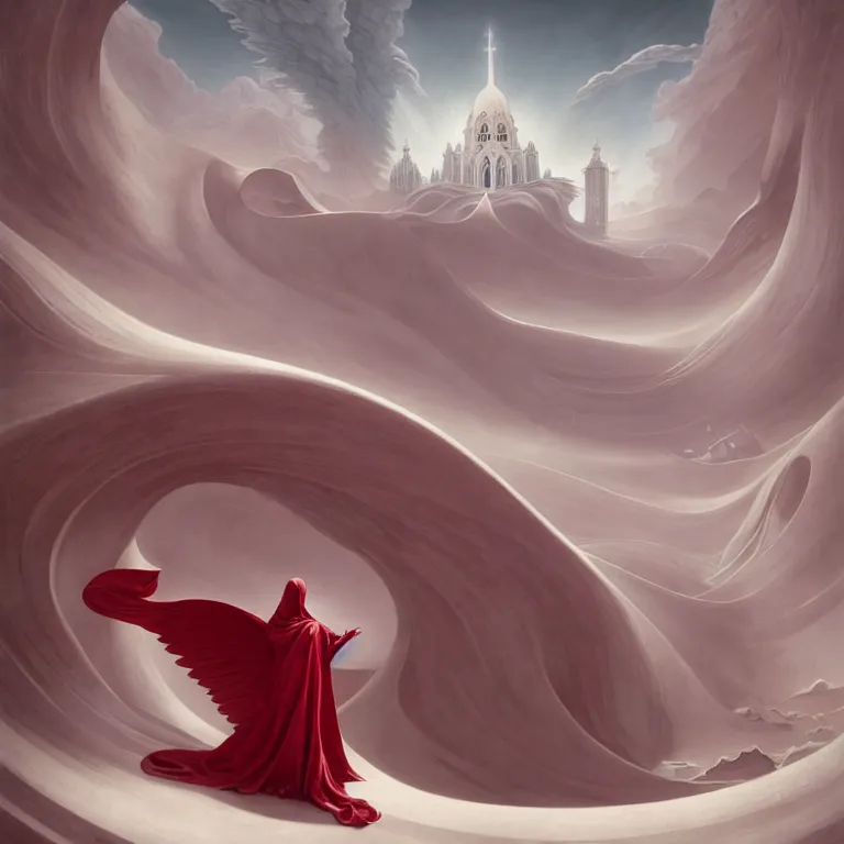 Image similar to one lone singular swirling otherworldly angel shrouded in red robes emerges from extensive barren white dunescape, matte painting by peter mohrbacher and filip hodas, background basilica sacrecoeur by hugh ferriss, godrays, high contrast, highly detailed, a