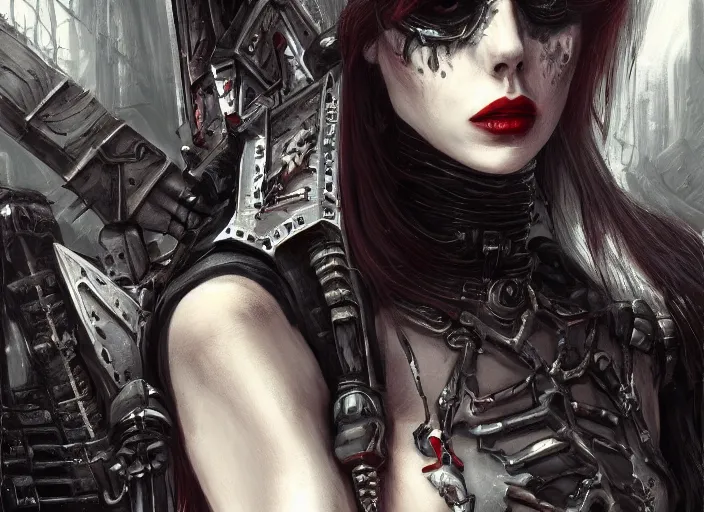 Image similar to beautiful pale gothic maiden killing Nicolas Cage, warhammer 40000, cyberpunk, intricate, elegant, highly detailed, digital painting, artstation, concept art, smooth, sharp focus, illustration