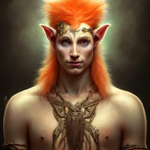 Image similar to portrait painting of an very young elven man with short light orange hair and tribal tattoos on his face wearing fur armor, ultra realistic, concept art, intricate details, eerie, highly detailed, photorealistic, octane render, 8 k, unreal engine. art by artgerm and greg rutkowski and charlie bowater and magali villeneuve and alphonse mucha