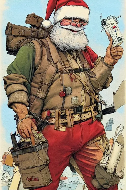 Image similar to concept of Santa Claus holding a M61 Vulcan and wearing an army harness vest full of pouches, by Geof Darrow and Simon Bisley, detailed, full body