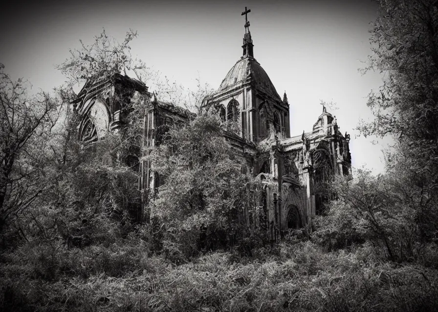 Image similar to abandoned cathedral with overgrown vegetation, vintage infrared photograph