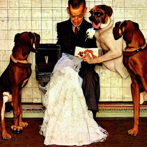 Image similar to two boxer dogs getting married, Norman Rockwell