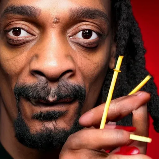 Image similar to Snoop Dog with big eyes eye color red , smiling and holding a joint in his hand