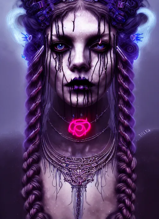 Prompt: tarot goddess of death, braids, decaying face, neon hair, futurism, intricate led jewellery, digital painting, realism, extreme detail, cinematic lighting, trending on artstation, by hans zatzka and jibaro