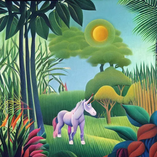 Image similar to A unicorn walking over a rainbow in the jungle by Henri Rousseau and Isami kondo, trending on artstation