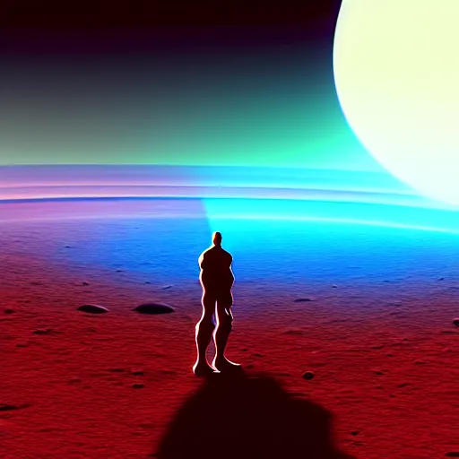 Image similar to Contemporary digital art in style of John Higgins Highly detailed Dr.Manhattan character from Watchmen watching on a beautiful sunrise on mars. Volumetric light