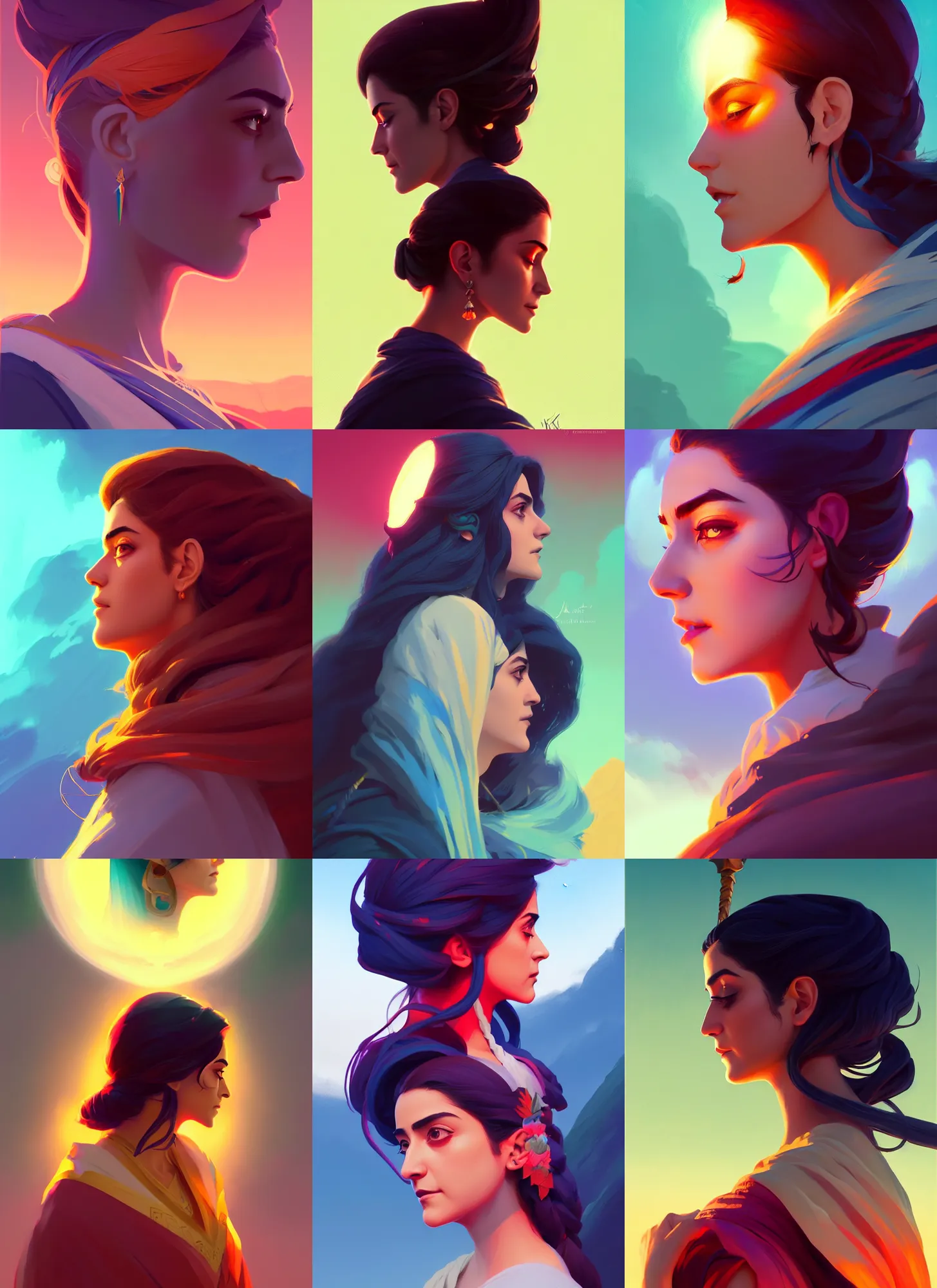 Prompt: side profile centered painted portrait, Maya Ali as a wind sorcerer, D&D, matte painting concept art, tarot card, beautifully backlit, official fanart, colourful, by and ilya kuvshinov and Cushart Krentz and Gilleard James, 4k, HDR, Trending on artstation, Behance, award winning