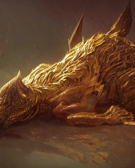 Prompt: A golden hulong sleeping, highly detailed, full body, fantasy art, monster art, in the style of greg rutkowski, illustration, epic, fantasy, intricate, hyper detailed, artstation, concept art, smooth, sharp focus, ray tracing