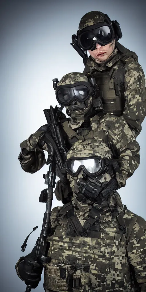 Image similar to portrait of a swat agent with a tactical helmet and goggles holding a machine gun, his head is burning , at night, mid shot, editorial photography