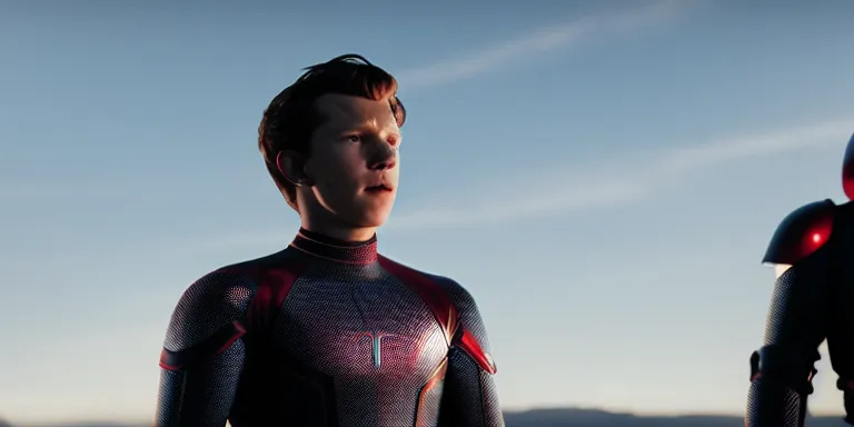 Prompt: still frame from a movie, wide shot of an relieved tom holland in a knight suit in the center, urban, rule of third, alexa 65, cooke prime 25mm, cinematic, film grain, flare