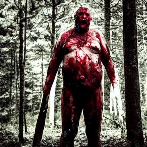 Image similar to big butcher man posing scarily, scary angry pose, covered in blood, fresh kill, cleaver, earie setting, in a forest, horror, hyperdetailed