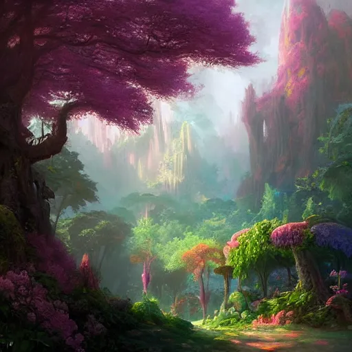 Prompt: a forest with giant flowers for trees, fantasy character portrait by tyler edlin, antoine blanchard, thomas cole