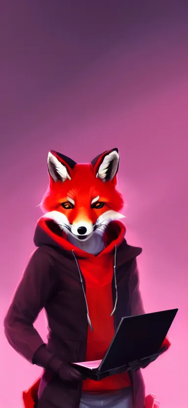 Image similar to a league of legends concept art of an anthropomorphic red fox in a black hoodie holding a portable computer, front view, hoodie with a hacker emblem, artstation, digital art, oc commission, style by jordan grimmer and greg rutkowski, 4 k resolution