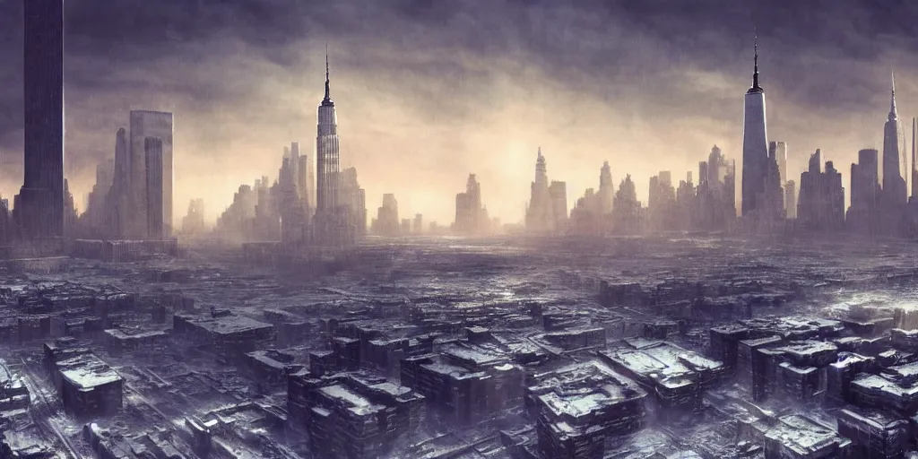 Image similar to nuclear winter, new york city, near future, fantasy, sci - fi, hyper realistic, serene.