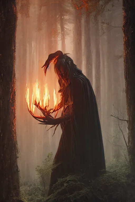 Prompt: a fancy illustrated portrait of a beautiful dark mage performing a ritual deep in the forbidden forest by Greg Rutkowski, Sung Choi, Mitchell Mohrhauser, Maciej Kuciara, Johnson Ting, Maxim Verehin, Peter Konig, final fantasy , mythical, 8k photorealistic, cinematic lighting, HD, high details, atmospheric,