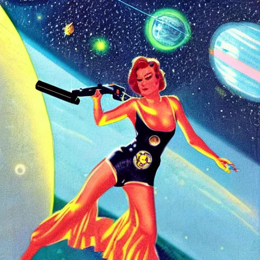 Image similar to retro sci - fi art of a beautiful woman in a retro - future spacesuit floating through space. she is holding a lazer blaster in hand.