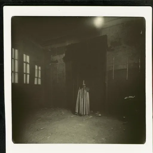 Prompt: creepy lovecraftian priest in abandoned building, occult themes, crosses on wall, dark,scary, polaroid picture 1980