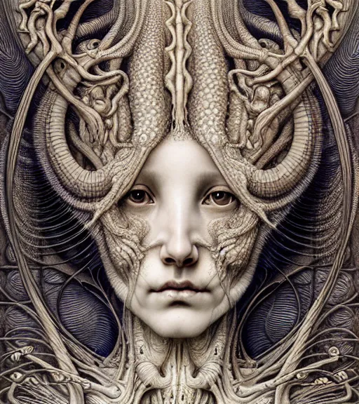 Prompt: detailed realistic beautiful bone goddess face portrait by jean delville, gustave dore, iris van herpen and marco mazzoni, art forms of nature by ernst haeckel, art nouveau, symbolist, visionary, gothic, neo - gothic, pre - raphaelite, fractal lace, intricate alien botanicals, biodiversity, surreality, hyperdetailed ultrasharp octane render