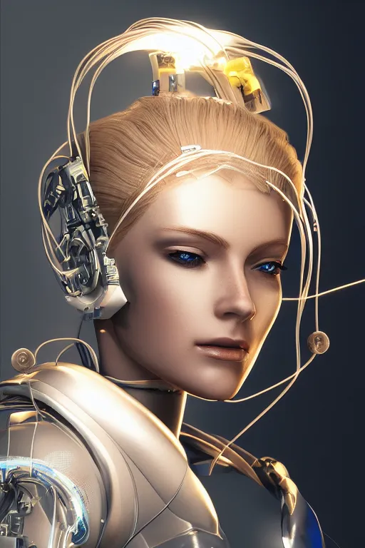 Image similar to a beautiful woman with blonde hair wearing robot suit with wires and light, highly detailed, photorealistic, artstation, smooth