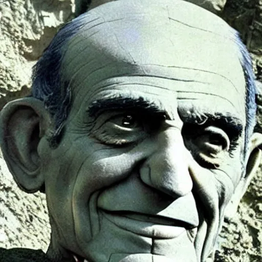 Prompt: old color postcard : abe vigoda's face carved into a mountainside, 6 0 0 feet tall.