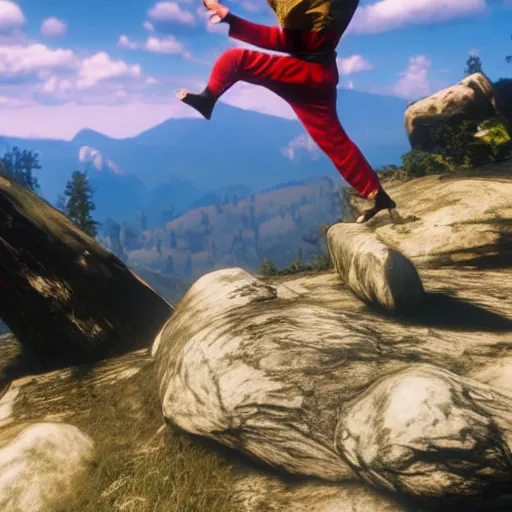 Prompt: Baby shaolin monk practicing kung fu on a mountain top, RDR 2 mod