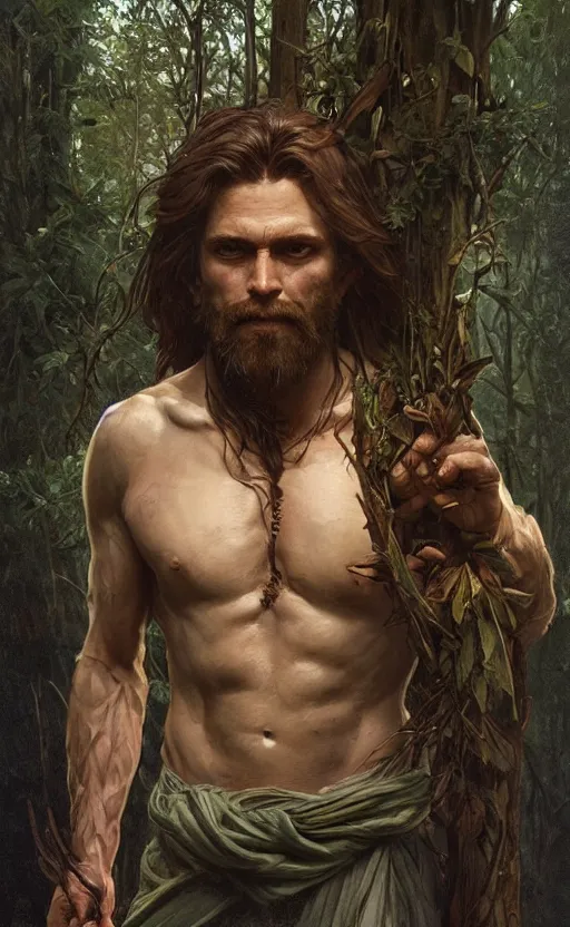 Image similar to god of the forest, 3 0 years old, rugged, male, gorgeous, detailed face, amazing, thighs, full body shot, long hair, muscular, intricate, highly detailed, digital painting, artstation, concept art, sharp focus, illustration, art by greg rutkowski and alphonse mucha