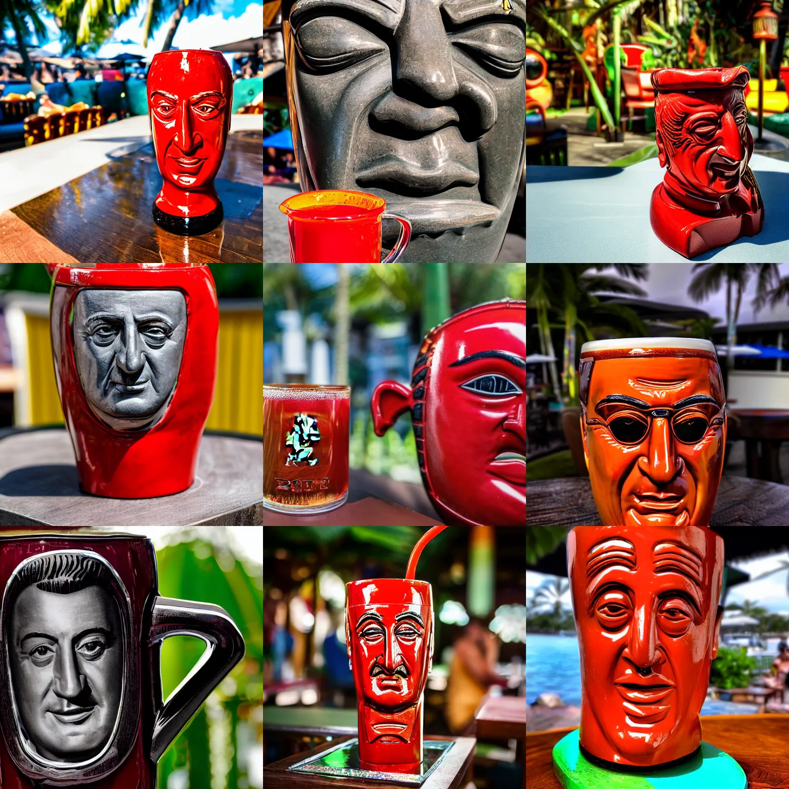 Prompt: a closeup photorealistic photograph of a glossy ferrari themed tiki mug at at an outdoor trader vic's bar featuring the young enzo ferrari's face. tiki party. bright scene. fine detail. this 4 k hd image is trending on artstation, featured on behance, well - rendered, extra crisp, features intricate detail, epic composition and the style of unreal engine.