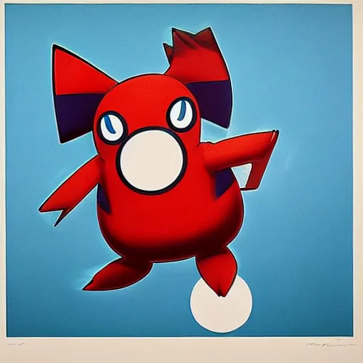 Image similar to A cute pokemon that resembles a blue bill wearing a puffy red coat by James Rosenquist