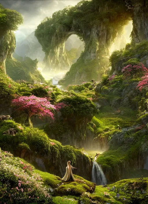 Image similar to an elegant winged fairy flying in the lord of the rings scenery landscape, looking out at a vast lush valley flowers and homes made of mushrooms, stream, sunrise, god's rays highly detailed, vivid color, cinematic lighting, perfect composition, 8 k, gustave dore, derek zabrocki, greg rutkowski, belsinski, octane render