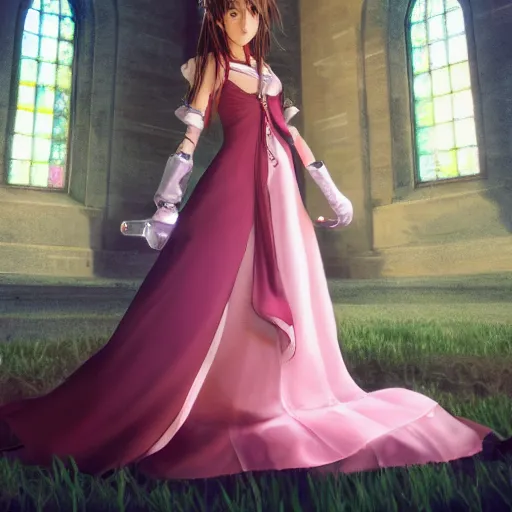 Image similar to aerith from final fantasy in a beautiful dress standing in front of a church, concept art, beautiful lighting, 8 k, digital art, trending on artstation, by yoshitaka amano