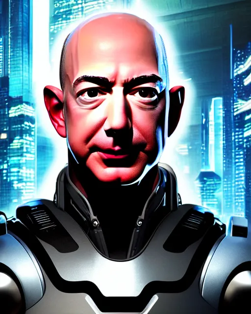 Image similar to portrait of Jeff Bezos as a sophisticated and intricate biomechanical Terminator, fantasy cyberpunk, Unreal Engine, hyper detailed, cinematic post-processing