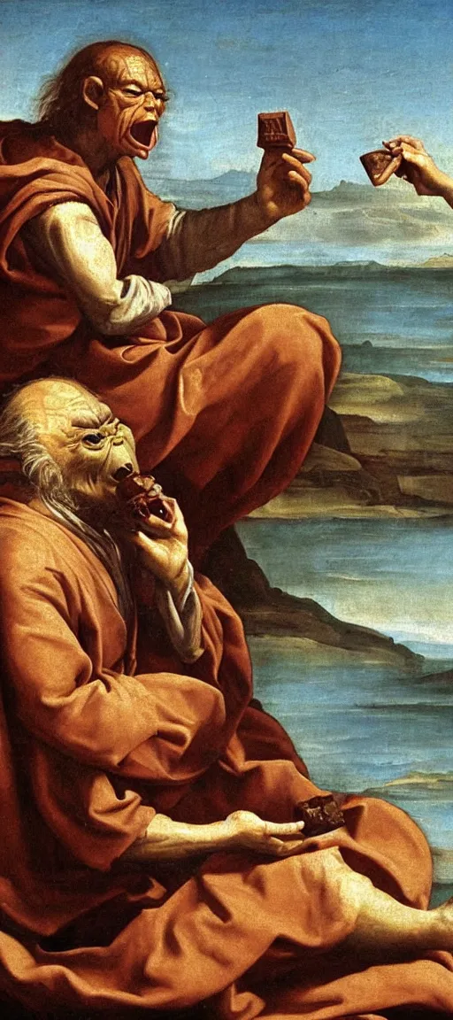 Prompt: renaissance oil painting of Yoda eating chocolate on the beach