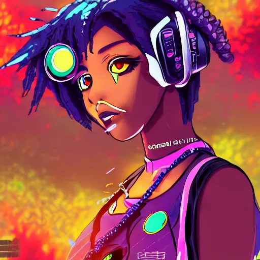 Image similar to a anime black girl,cyberpunk,retrowave art,trending on art station