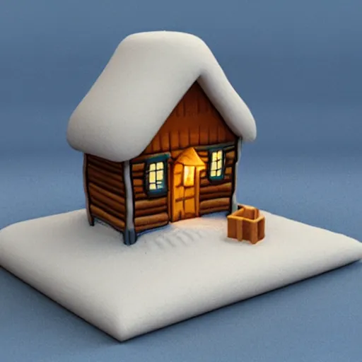 Prompt: cute clay model 3 d printed isometric cozy winter cabin at twilight, nintendo art