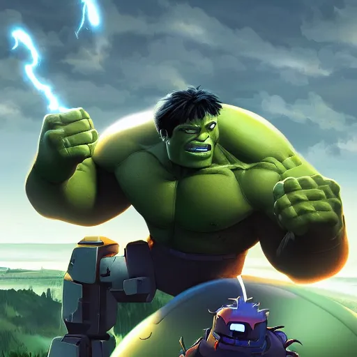 Image similar to epic battle between the iron giant and the incredible hulk, digital art, game art, character design, trending on artstation, ultra realistic, ultra detailed