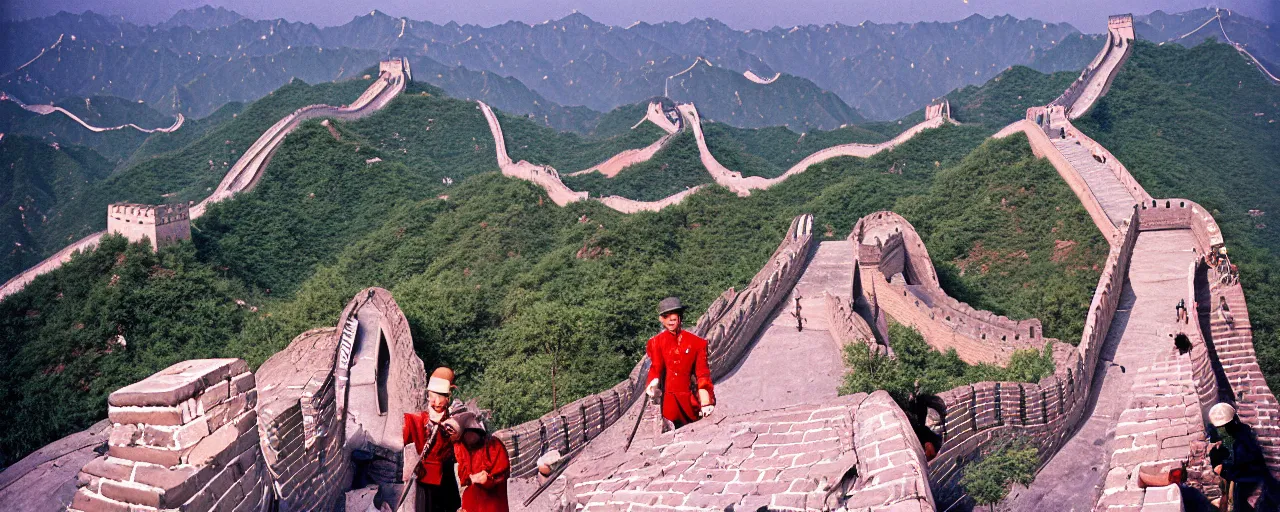 Image similar to spaghetti on top of building the great wall of china, fine detail, canon 5 0 mm, in the style wes anderson, kodachrome, retro