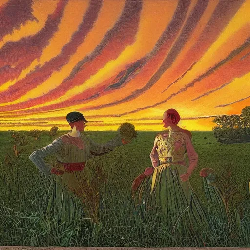 Prompt: by james mcintosh patrick kaleidoscopic. a beautiful performance art of a man & a woman in a field of tall grass with the sun setting behind them