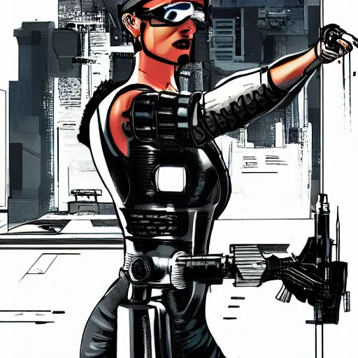 Image similar to cyberpunk military mafia woman with cybernetic arm, Rafael Albuquerque