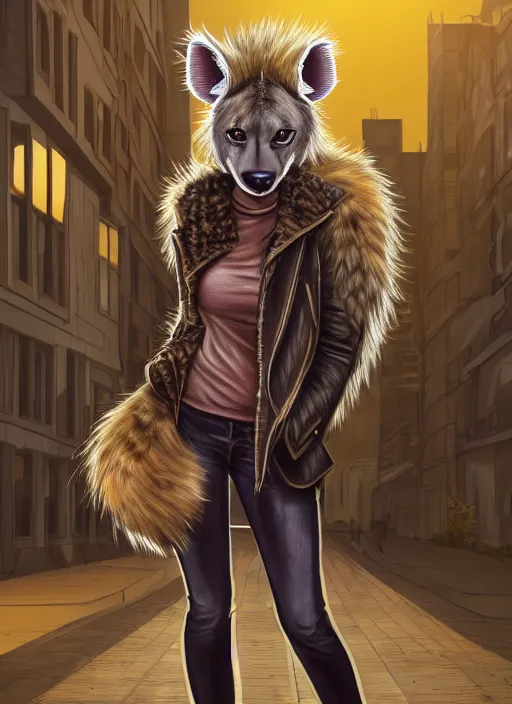 Image similar to award winning beautiful portrait commission of a female furry anthro hyena fursona with a bushy tail and a leather jacket, detailed background, urban streets, artificial lighting, cute, beautiful, attractive, detailed,