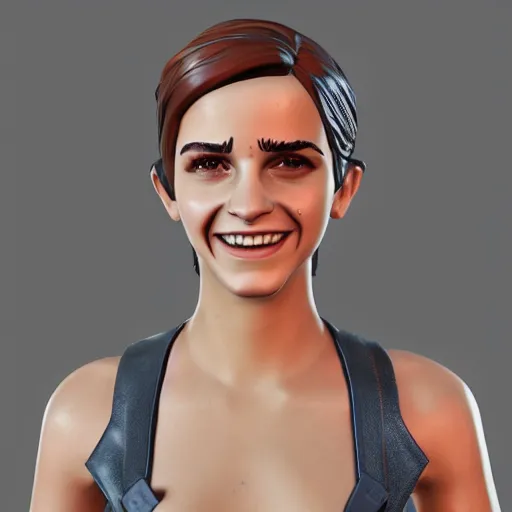 Prompt: textured film grain small eyes subsurface scattering fashion model face smiling laughing squinting emma watson as a fortnite character cgsociety octane render unreal engine redshift render trending on artstation trending on artstation render blender behance cg superhero