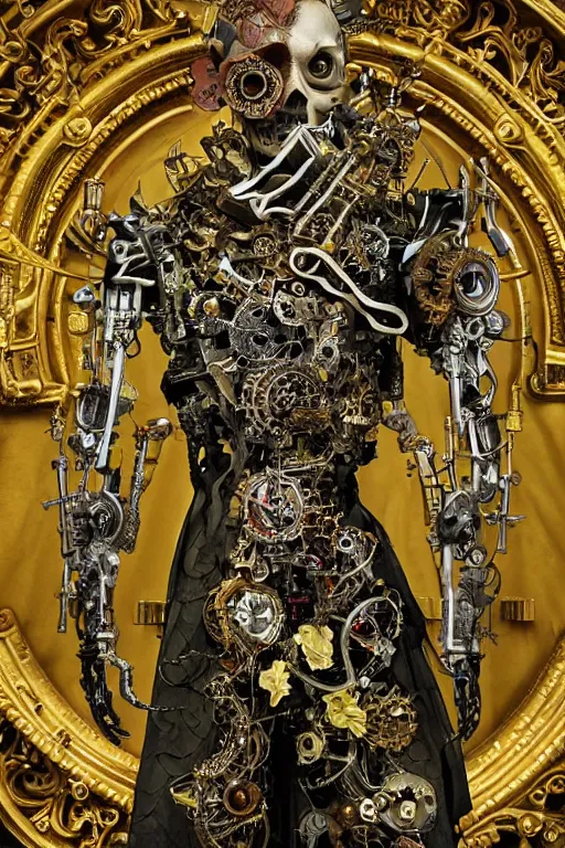 Image similar to full-body baroque and cyberpunk style sculpture of a young handsome Spanish prince half android with a chest opening exposing sparking circuitry, glowing green laser eyes, crown of mechanical gears and flowers, flowing golden-colored silk, fabric, steampunk archways. baroque elements, human skull. full-length view. baroque element. intricate artwork by caravaggio. many many birds birds on background. Trending on artstation, octane render, cinematic lighting from the right, hyper realism, octane render, 8k, depth of field, 3D