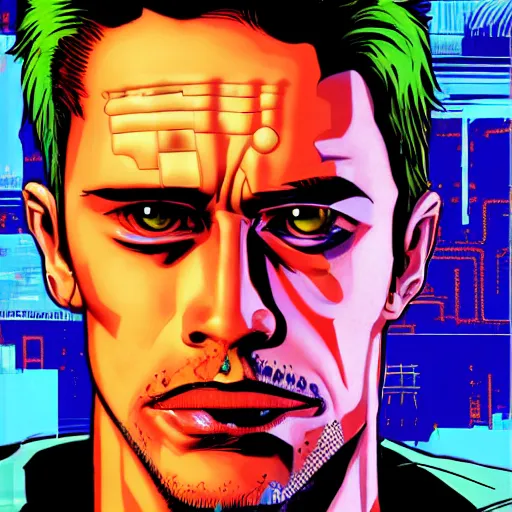 Image similar to portrait of tyler durden, biomechanical cyborg, cyberpunk, futuristic, elegant, artistic, jamie hewlett style