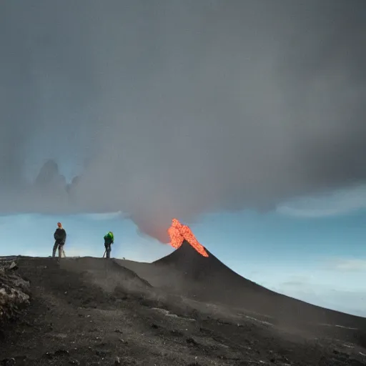 Prompt: photograph of people wearing jeans hiking to a volcano eruption in reykjanes