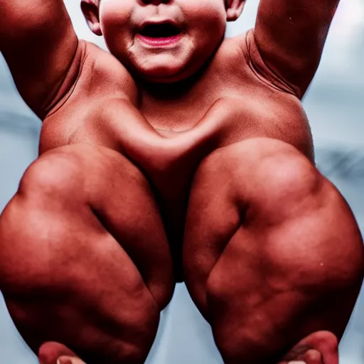 Image similar to huge muscles bodybuilder toddler, angry, ready to fight, clenched fists, red face, 2 years old, steroids, barrel chested, rippling muscles, huge veins, bulging muscles, ripped, award winning photography, high detail