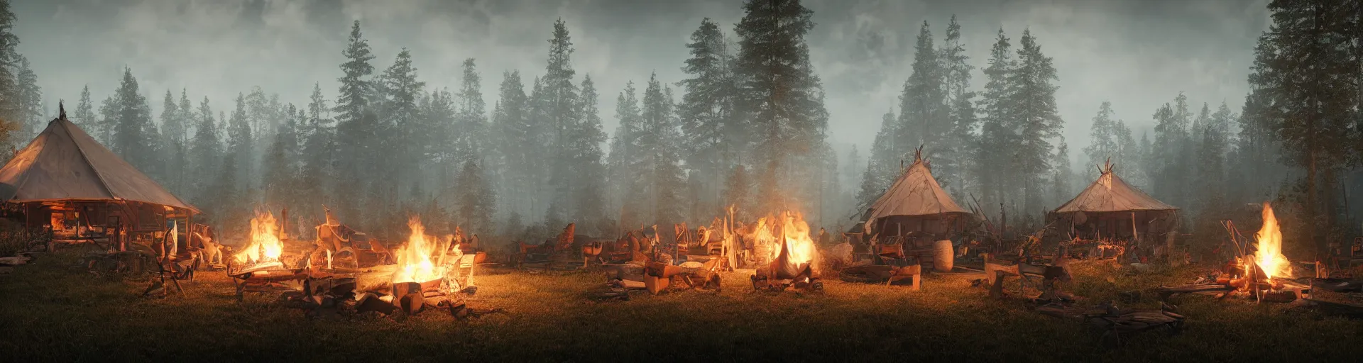 Image similar to longhouse, campfire, teepee, very detailed, octane render, realistic, 8 k, unreal engine 5, dramatic, volumetric, mountain, morning, greg rutkowski